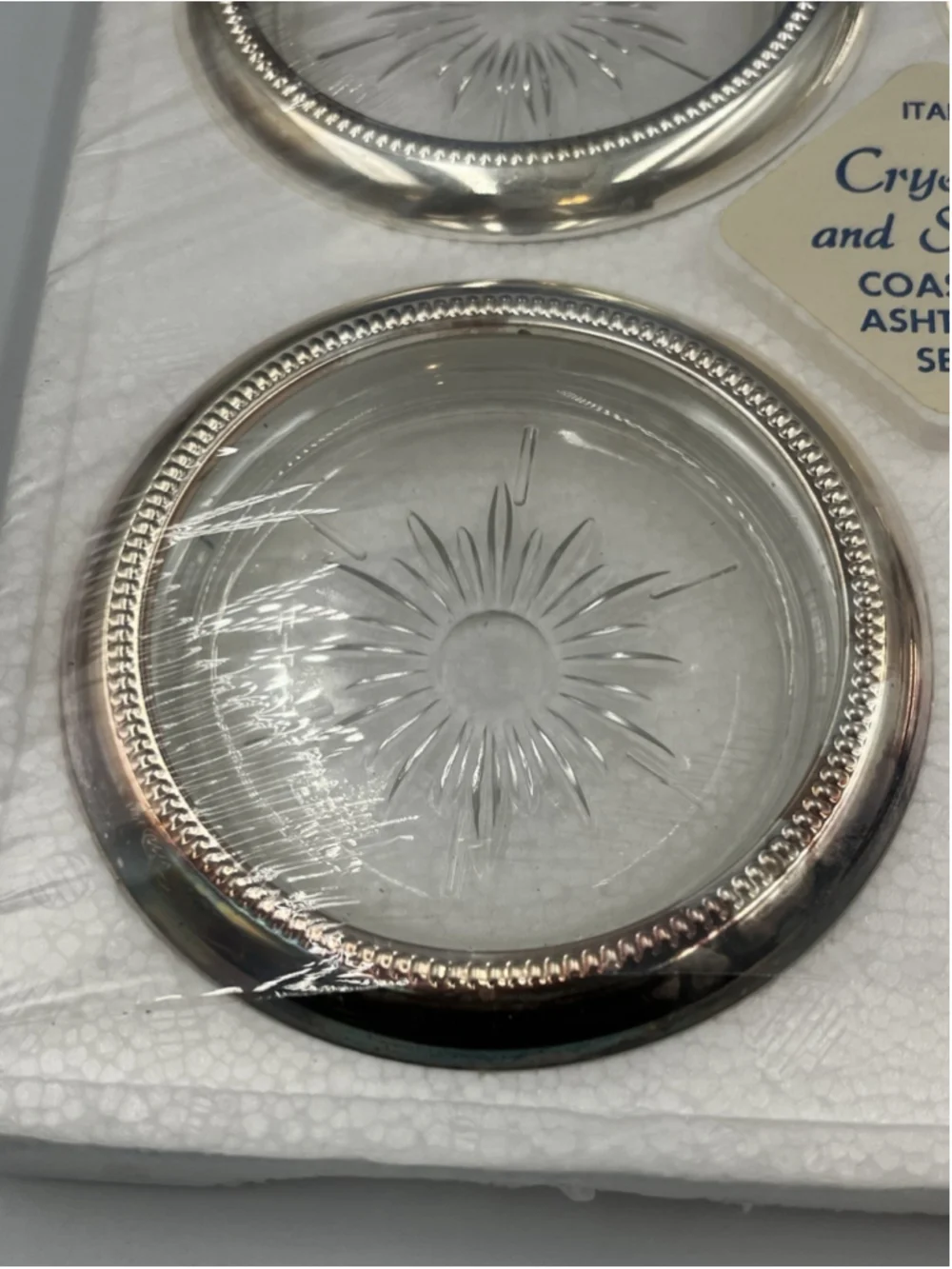 VTG Leonard Crystal Silver Plated 4 Coasters Starburst Pattern ITALY 25th Anniv